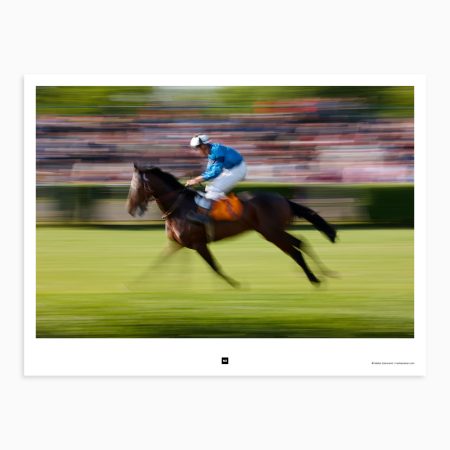 A jockey, perched atop his racing horse, rushes through the Šabac racecourse with exhilarating speed. The horse's powerful muscles ripple under his saddle as they gallop towards the finish line. Šabac, Serbia, 2012.
